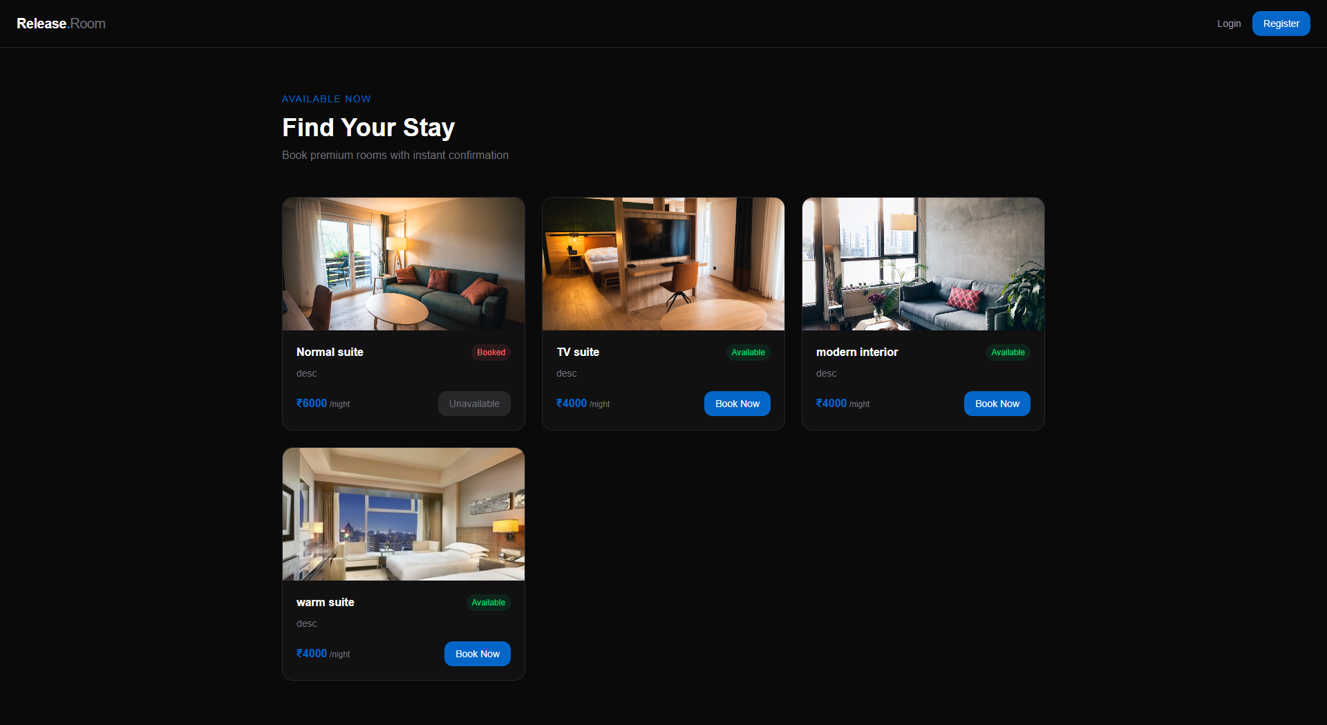 ReleaseRoom — Full-Stack Booking Platform with Admin Dashboard